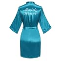 Women's Satin Robe Short Kimono for Bride &amp; Bridesmaid with Silver Rhinestones, Wedding Party Robes