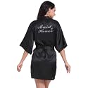 Women's Satin Robe Short Kimono for Bride &amp; Bridesmaid with Silver Rhinestones, Wedding Party Robes