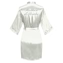 Women's Satin Robe Short Kimono for Bride &amp; Bridesmaid with Silver Rhinestones, Wedding Party Robes