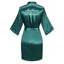 Women's Satin Robe Short Kimono for Bride &amp; Bridesmaid with Silver Rhinestones, Wedding Party Robes