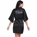 Women's Satin Robe Short Kimono for Bride &amp; Bridesmaid with Silver Rhinestones, Wedding Party Robes