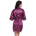 Women's Satin Robe Short Kimono for Bride &amp; Bridesmaid with Silver Rhinestones, Wedding Party Robes