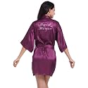 Women's Satin Robe Short Kimono for Bride &amp; Bridesmaid with Silver Rhinestones, Wedding Party Robes