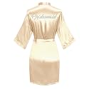 Women's Satin Robe Short Kimono for Bride &amp; Bridesmaid with Silver Rhinestones, Wedding Party Robes