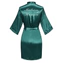 Women's Satin Robe Short Kimono for Bride &amp; Bridesmaid with Silver Rhinestones, Wedding Party Robes