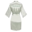 Women's Satin Robe Short Kimono for Bride &amp; Bridesmaid with Silver Rhinestones, Wedding Party Robes