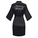 Women's Satin Robe Short Kimono for Bride &amp; Bridesmaid with Silver Rhinestones, Wedding Party Robes