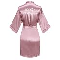 Women's Satin Robe Short Kimono for Bride &amp; Bridesmaid with Silver Rhinestones, Wedding Party Robes