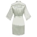 Women's Satin Robe Short Kimono for Bride &amp; Bridesmaid with Silver Rhinestones, Wedding Party Robes