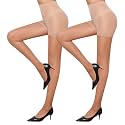 Women's Sheer Tights 20D High Waist Control Top Pantyhose with Reinforced Toes 2 Pairs