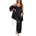 Women's Silk Pajama Set 3 Piece with Satin Robe , Cami Top and Long Pants