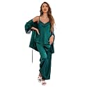Women's Silk Pajama Set 3 Piece with Satin Robe , Cami Top and Long Pants
