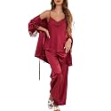 Women's Silk Pajama Set 3 Piece with Satin Robe , Cami Top and Long Pants