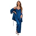 Women's Silk Pajama Set 3 Piece with Satin Robe , Cami Top and Long Pants