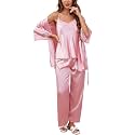 Women's Silk Pajama Set 3 Piece with Satin Robe , Cami Top and Long Pants