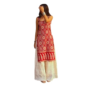 Womens Sleeveless Ajrak Print Kurti Pure Cotton