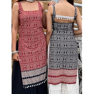 Womens Sleeveless Ajrak Print Kurti Pure Cotton