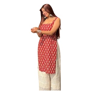 Womens Sleeveless Ajrak Print Kurti Pure Cotton