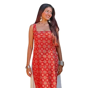 Womens Sleeveless Ajrak Print Kurti Pure Cotton