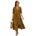 Women39s Striped Midi Dress with V-Neck Yellow