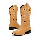 Women's Sunflower Cowboy Boots Cowgirl Square Toe Mid Calf Low Heel