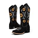 Women's Sunflower Cowboy Boots Cowgirl Square Toe Mid Calf Low Heel