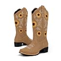 Women's Sunflower Cowboy Boots Cowgirl Square Toe Mid Calf Low Heel