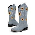 Women's Sunflower Cowboy Boots Cowgirl Square Toe Mid Calf Low Heel