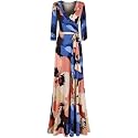 Women's 3/4 Sleeve V-Neck Printed Maxi Faux Wrap Floral Dress Light Blue Pink S