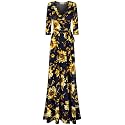 Women's 3/4 Sleeve V-Neck Printed Maxi Faux Wrap Dress Black Yellow XL