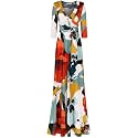 Women's 3/4 Sleeve V-Neck Printed Maxi Faux Wrap Floral Dress Orange Green M