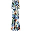 Women's 3/4 Sleeve V-Neck Printed Maxi Faux Wrap Dress Navy White L