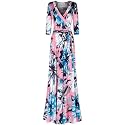 Women's 3/4 Sleeve V-Neck Printed Maxi Faux Wrap Dress Pink Black S