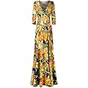 Women's #MadeInUSA 3/4 Sleeve V-Neck Printed Maxi Faux Wrap Dress Summer Wedding Guest Party Bridal Baby Shower Maternity Nursing Navy Yellow S