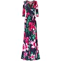 Women's 3/4 Sleeve V-Neck Printed Maxi Faux Wrap Dress Navy Fuchsia S