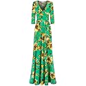 Women's 3/4 Sleeve V-Neck Printed Maxi Faux Wrap Dress Green Yellow XL