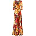 Women's 3/4 Sleeve V-Neck Printed Maxi Faux Wrap Dress Rust S