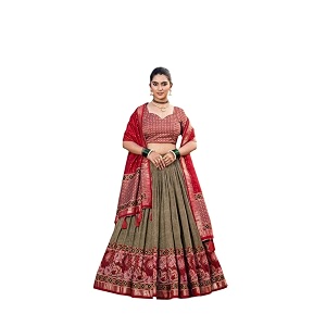 women39s trending designeer tussar silk lehenga choli print with foil work with unstitched blouse patola print adorned with foil work for navrati  wedding
