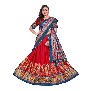 women39s trending designeer tussar silk lehenga choli print with foil work with unstitched blouse patola print adorned with foil work for navrati  wedding
