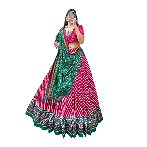women39s trending designeer tussar silk lehenga choli print with foil work with unstitched blouse patola print adorned with foil work for navrati  wedding