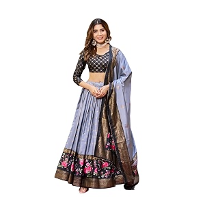 women39s trending designeer tussar silk lehenga choli print with foil work with unstitched blouse patola print adorned with foil work for navrati  wedding