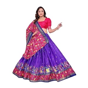 women39s trending designeer tussar silk lehenga choli print with foil work with unstitched blouse patola print adorned with foil work for navrati  wedding