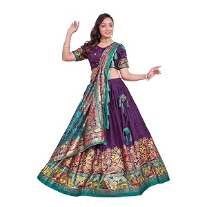women39s trending designeer tussar silk lehenga choli print with foil work with unstitched blouse patola print adorned with foil work for navrati  wedding