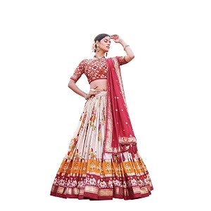 women39s trending designeer tussar silk lehenga choli print with foil work with unstitched blouse patola print adorned with foil work for navrati  wedding