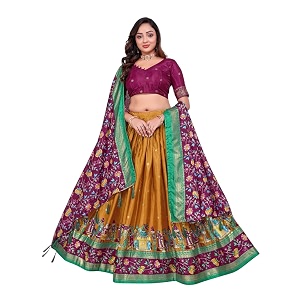 women39s trending designeer tussar silk lehenga choli print with foil work with unstitched blouse patola print adorned with foil work for navrati  wedding