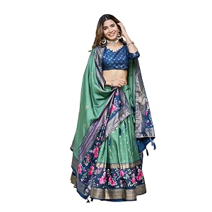 women39s trending designeer tussar silk lehenga choli print with foil work with unstitched blouse patola print adorned with foil work for navrati  wedding