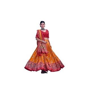women39s trending designeer tussar silk lehenga choli print with foil work with unstitched blouse patola print adorned with foil work for navrati  wedding