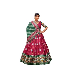 women39s trending designeer tussar silk lehenga choli print with foil work with unstitched blouse patola print adorned with foil work for navrati  wedding