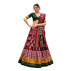 women39s trending designeer tussar silk lehenga choli print with foil work with unstitched blouse patola print adorned with foil work for navrati  wedding