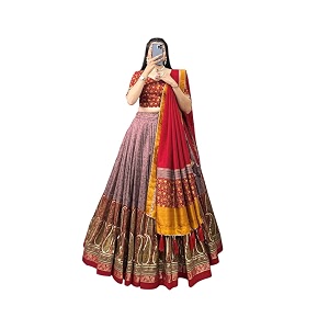 women39s trending designeer tussar silk lehenga choli print with foil work with unstitched blouse patola print adorned with foil work for navrati  wedding